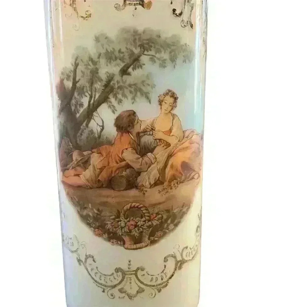 Vintage Painted milk glass Vase with Gold Trim Victorian scene - Picture 2 of 6